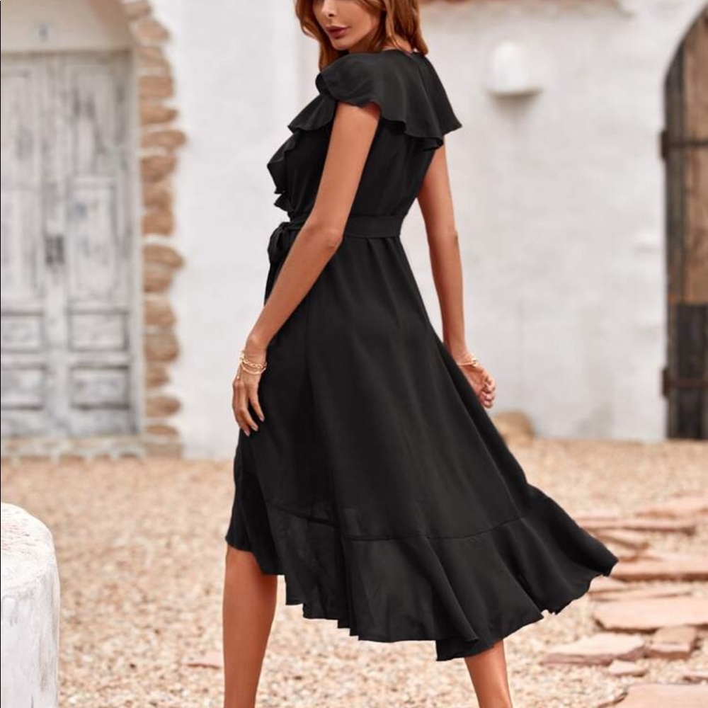 Solid Ruffle Hem Trim Belted Faux Wrap Dress New - Picture 8 of 10